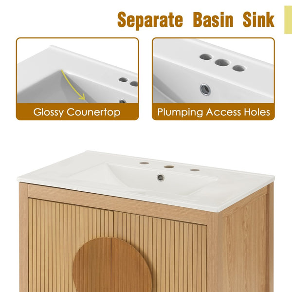 English Elm 30 Inch Fluted Freestanding Bathroom Vanity Solid Wood Soft Close Spa Style W5278S00004