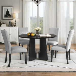English Elm 5-Piece Round Dining Set with 43" Modern MDF Table and 4 Upholstered Fabric Chairs for Compact Spaces Grey+Black N752S001055B