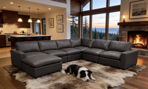 English Elm Leather Match Modular Sectional Sofa with Top Grain Upholstery for Open Living Rooms Blue Gray B2748S00171