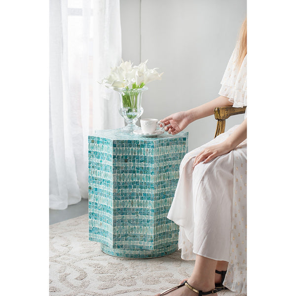 English Elm 17x17x20" Turquoise Capiz Stool with Starburst Floral Inlay — Textured Pedestal Accent Table for Living Room W2078P326533