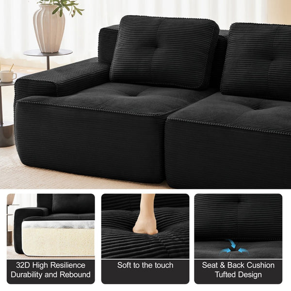 English Elm Modern Corduroy Sectional Sofa Deep Seat V Shape Tufted Couch with Movable Ottoman Black W714S01585