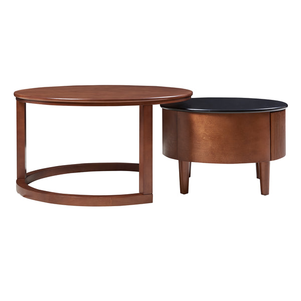 English Elm Vintage Round Nesting Coffee Table with Fluted Drawer, Two-Tone Black & Walnut, Sturdy 176lb Capacity N735P332426D