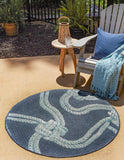 Unique Loom Outdoor Coastal Tethered Machine Made Solid Print Rug Navy Blue, Ivory/Gray/Green 7' 1" x 7' 1"