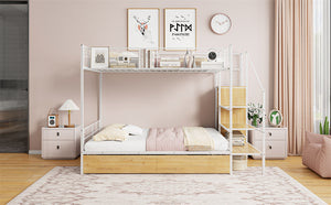 English Elm Twin Metal Bunk Bed Twin-Over-Full with Built-In Drawer, Ladder Storage, Wardrobe & Trundle Utility White SF000174AAK