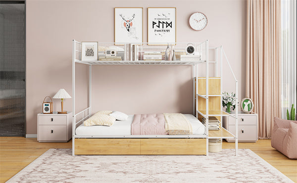 English Elm Twin Metal Bunk Bed Twin-Over-Full with Built-In Drawer, Ladder Storage, Wardrobe & Trundle Utility White SF000174AAK