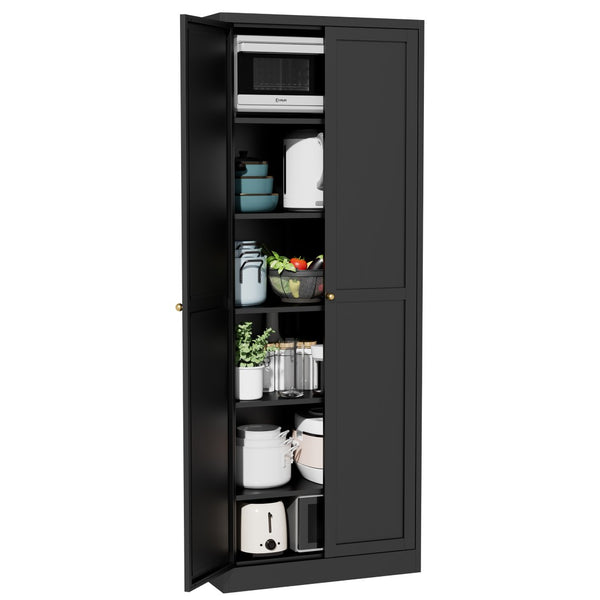 English Elm 61" Matte Black Steel Freestanding Pantry Cabinet with 4 Adjustable Shelves Modern Farmhouse T2398P465984