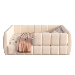 English Elm Upholstered Velvet Toddler Daybed with Removable Guardrails and Solid Slat Support Beige N899P452426A