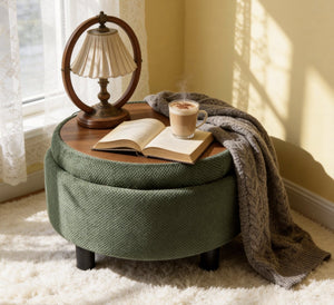 English Elm 25 Inch Round Fabric Pouf Ottoman with Removable Wooden Lid and Hidden Interior Storage Dark Green W5568P461364