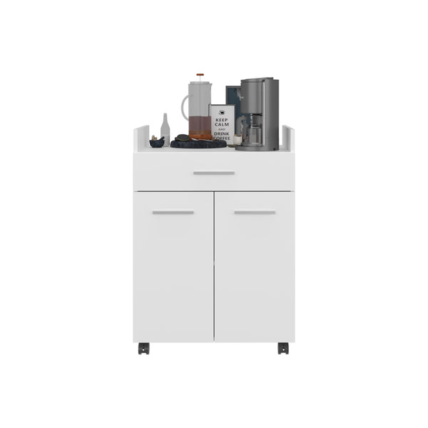 English Elm Kitchen Compact Cart with 2 Doors, 1 Drawer & 2 Shelves on 4 Swivel Wheels — White Engineered Wood Storage B097P350298