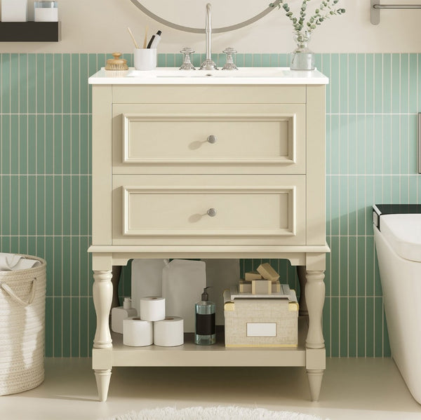 English Elm 24'' Retro Bathroom Vanity Mdf Cabinet with Ceramic Sink Open Shelf and 2 Drawers Beige N710P405414Y