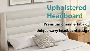 English Elm King Upholstered Platform Bed Frame King Size with High Wave Headboard, Chenille Ivory, Noise-Free EVA, 1000lb Capacity, No Box Spring Needed, Easy Velcro Assembly W1716P362410