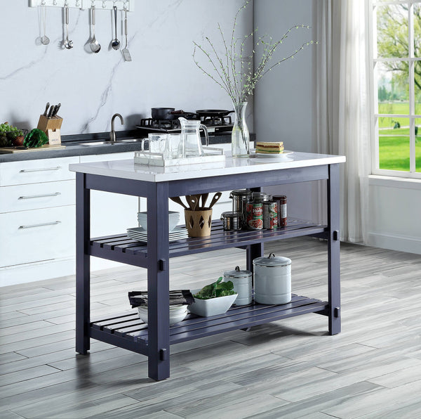 English Elm Enapay Gray Marble Top Kitchen Island with Open Shelves, Faux Marble Surface & Durable Wood Frame B2726P262778