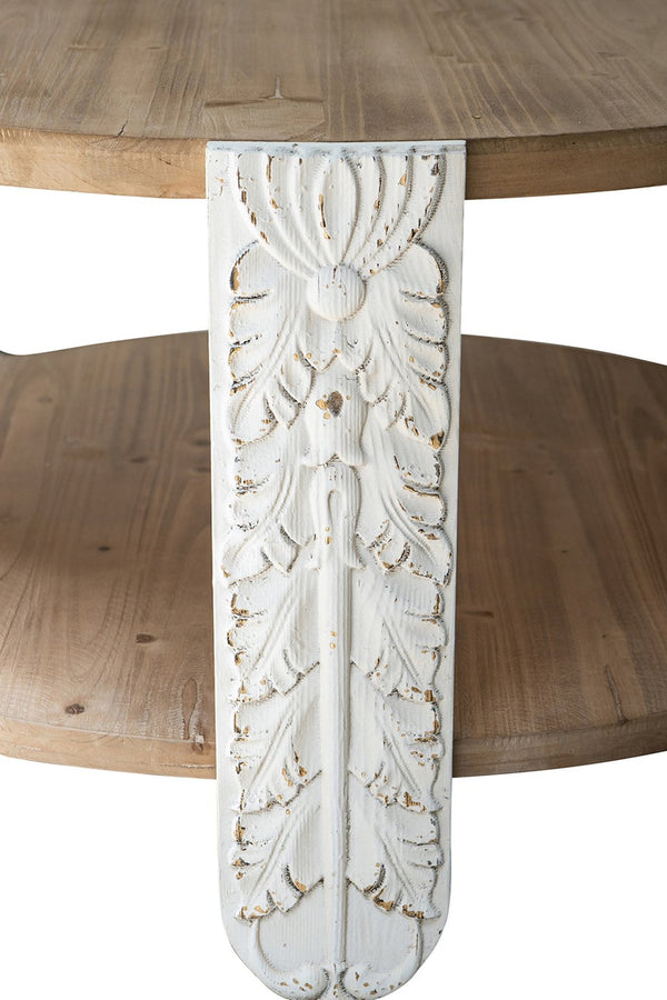 English Elm 31.5x31.5x17.7" Round Wooden Coffee Table with Two-Tier Design, Carved White Legs, Natural Brown Finish, Storage Shelf W2078P392532