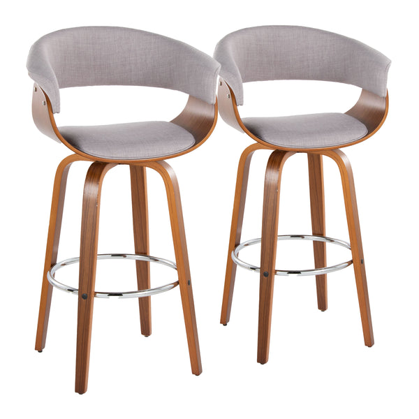 English Elm Vintage 30" Mid-Century Barstool Set of 2 — Swivel Walnut Frame, Stone Grey Fabric, Round Chrome Footrest B202S00720
