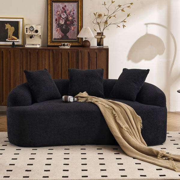 English Elm LY-025S Black Curved Loveseat — Chenille Velvet, 30D Foam & Spring Comfort, No Assembly, 65" Compact Sofa with 3 Pillows W2231P329643