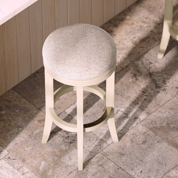 English Elm 31in. Backless Swivel Barstool Solid Wood Curved Legs Upholstered Seat Bar Kitchen Grey+Ivory B2751P436423