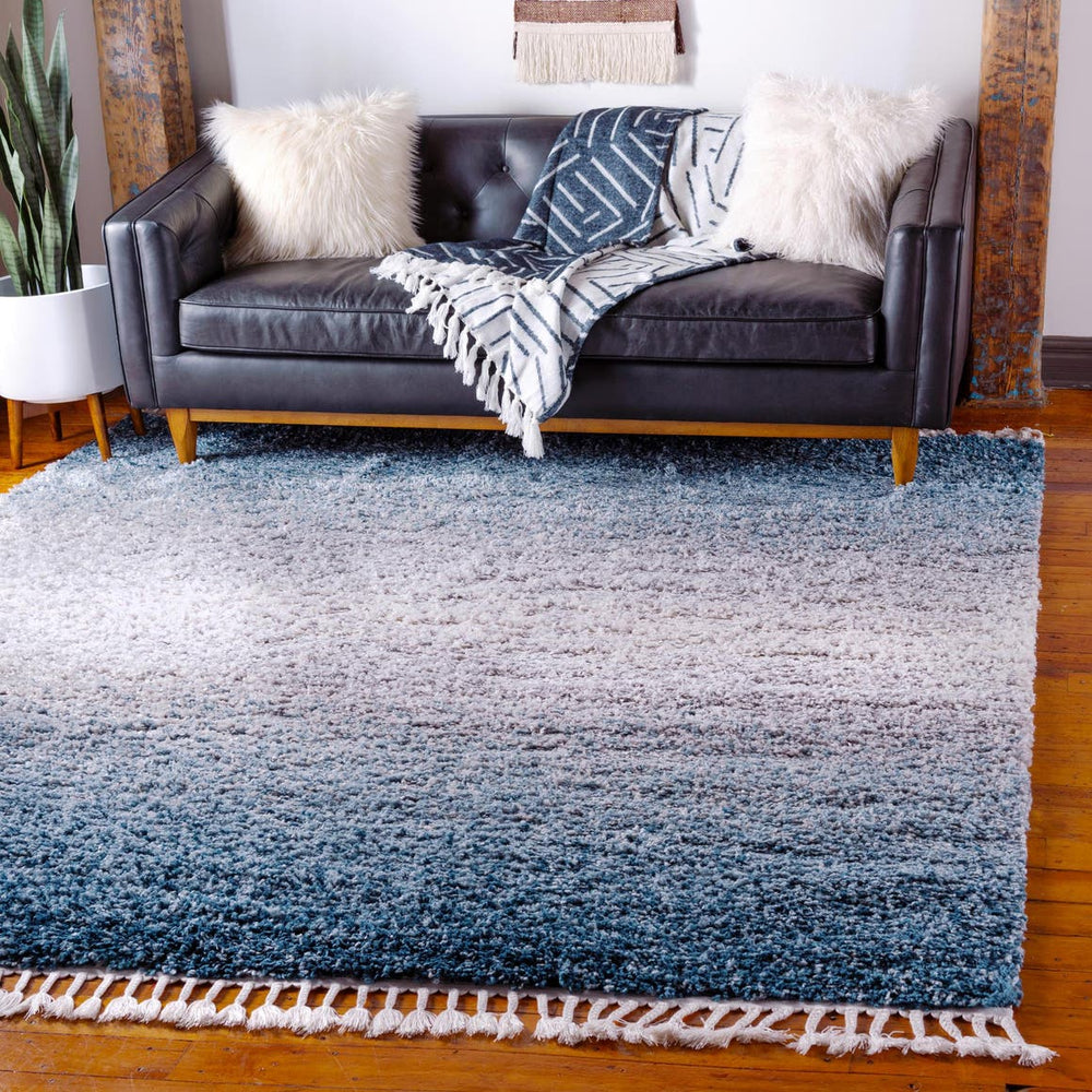 Unique Loom Hygge Shag Gradient Machine Made Gradient Rug Blue, Beige/Ivory 8' 0" x 8' 0"