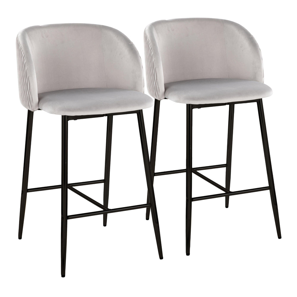 English Elm Fran Pleated Waves Modern Black Metal Counter Stools In Luxurious Silver Velvet - Set Of 2 B202S00280