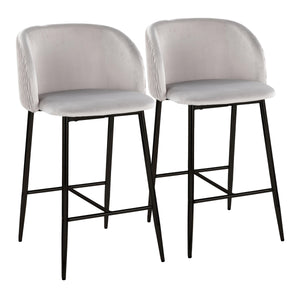 English Elm Fran Pleated Waves Modern Black Metal Counter Stools In Luxurious Silver Velvet - Set Of 2 B202S00280