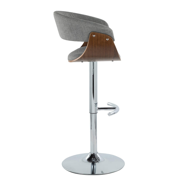 English Elm Vintage Mid-Century Barstool Set of 2 – Adjustable Swivel Height, Grey Fabric, Walnut Accents, Chrome T-Base B202S01083