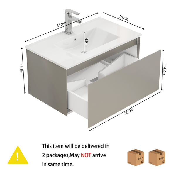English Elm 32-Inch Wall-Mounted Bathroom Vanity With Soft-Close Drawer, Durable Ceramic Sink, Mocha Gray Finish W3151S00043