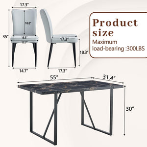 English Elm Table Modern Black Marble Mdf Dining Set With 4 Ergonomic Light Gray Chairs For Stylish Spaces W1151S02527-GIGA