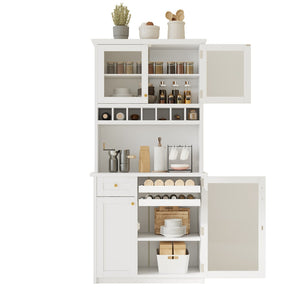 English Elm Topmax Farmhouse Buffet Hutch with Wine Rack Shaker Glass Pantry Cabinet White N717P327043K