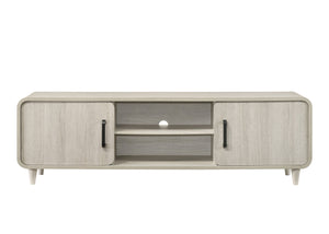 English Elm 1pc Mid-Century TV Stand 71.1" Wide Light Finish with Sliding Doors, Tapered Legs & Gold Handles Antique White 21 L x 73.5 W x 18.5 H B2741P406247