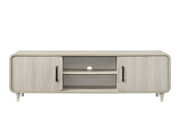 English Elm 1pc Mid-Century TV Stand 71.1" Wide Light Finish with Sliding Doors, Tapered Legs & Gold Handles Antique White 21 L x 73.5 W x 18.5 H B2741P406247