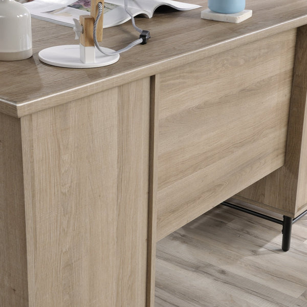 English Elm Executive Desk with Large Desktop, Light Oak & White Accents, File Drawers, Durable Metal Base B356P367821