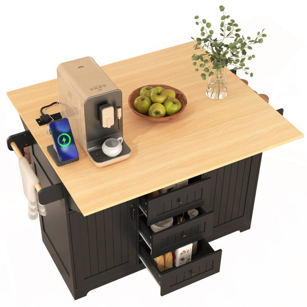 English Elm K&k Rolling Kitchen Island with Drop Leaves Power Outlet Drawers and Spice Rack Black N707S186617B
