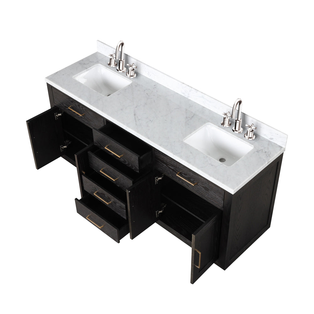 English Elm Black Oak Double Bath Vanity 72" W With Carrara Marble Top & Chrome Faucets - Elegant Storage Solution B2731P260851
