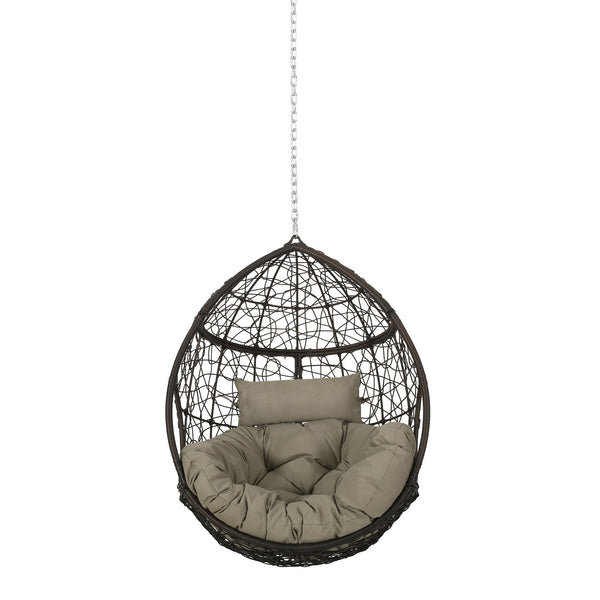 English Elm Christopher Knight Home® - CASTAIC Teardrop Hanging Chair with 8ft Chain — Durable PE Rattan, Water-Resistant Cushions, Cozy Lounging Khaki+Brown 70772.00KHAKMULBRN