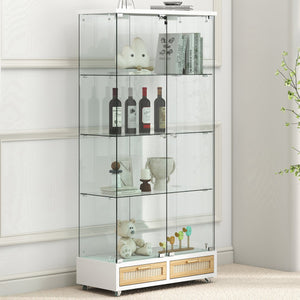 English Elm Modern Glass Display Cabinet With Led Lighting, Lockable Drawers, And Adjustable Shelves For Home Décor W241S00059