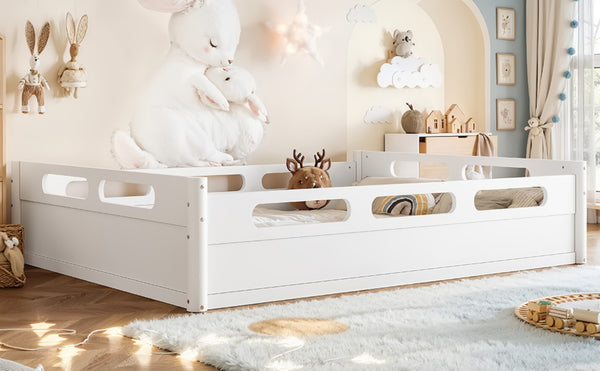 English Elm Queen Low Profile Floor Bed Pine Wood Frame Japandi Minimalist Bedroom Design White W1580P438794