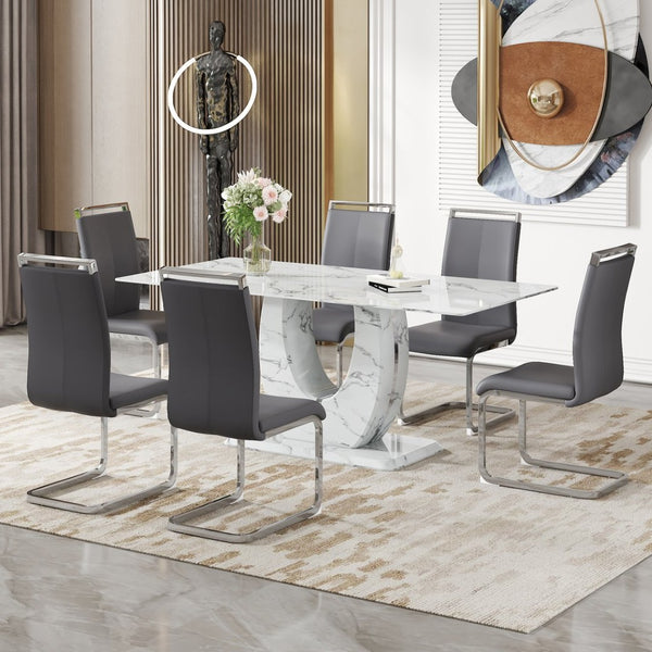English Elm Table Modern Elegant Dining Set - 71" Marble Pattern Top With 6 Dark Gray Pu Chairs & Silver Legs W1151S02118-GIGA