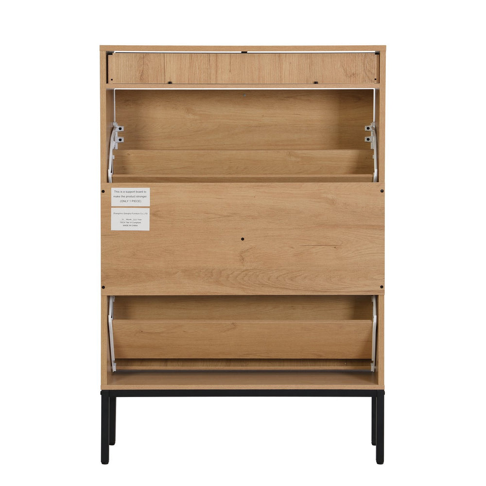 English Elm 16 Pair Large Shoe Cabinet with Rattan Drawers, Brown Oak Finish, Flip Dividers for Boots & Heels, Space-Saving Entryway Organizer W295P176767