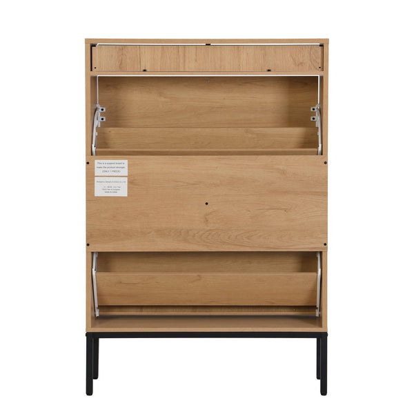 English Elm 16 Pair Large Shoe Cabinet with Rattan Drawers, Brown Oak Finish, Flip Dividers for Boots & Heels, Space-Saving Entryway Organizer W295P176767