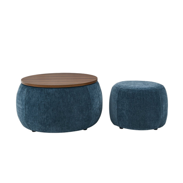English Elm Round Storage Ottoman with Removable Top and Hidden Compartment, Eucalyptus Frame, 250lb Capacity Dark Blue W487P165698