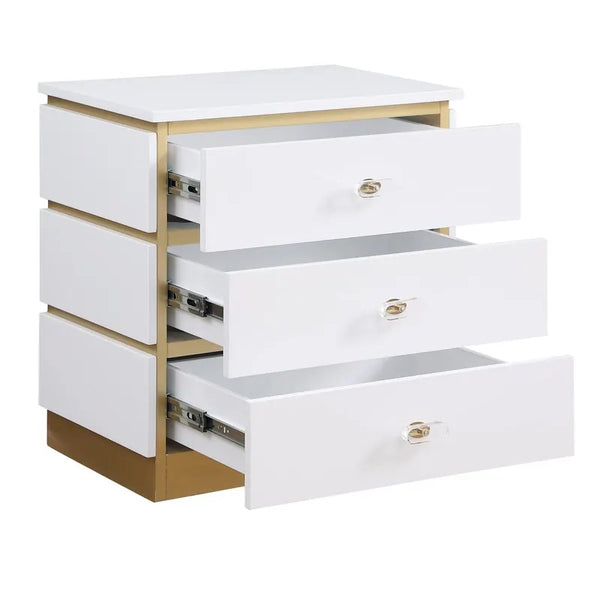 English Elm Living Room End Table Modern White Lacquer with 3 Removable-Handle Drawers & Brushed Gold Base B011P356300