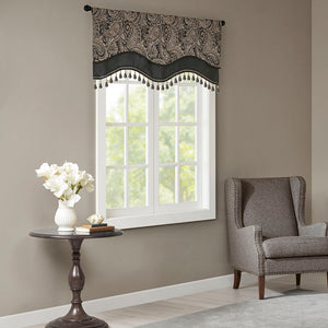 JLA Home Madison Park - Jacquard Aubrey Beaded Valance with Paisley Weave, Faux-Silk Shine, Scalloped Hem & Gold Trim Black MP41-4989