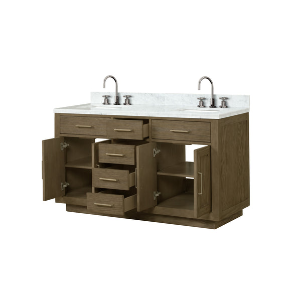 English Elm Grey Oak Double Bath Vanity 60" W x 22" D with Carrara Marble Top, Chrome Gooseneck Faucets, Soft-Close Cabinets B2731P257747