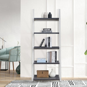 English Elm 5-Tier Ladder Shelf with Rubber Wood Frame and MDF Boards, Space-Saving Bookcase for Home Storage Grey+White W2582P195346