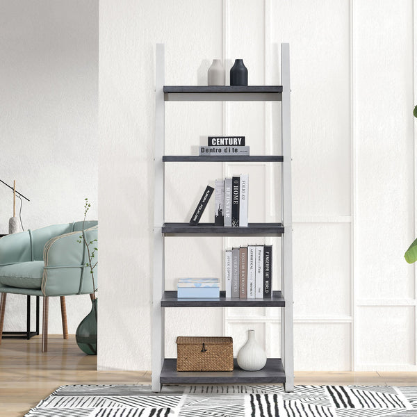 English Elm 5-Tier Ladder Shelf with Rubber Wood Frame and MDF Boards, Space-Saving Bookcase for Home Storage Grey+White W2582P195346