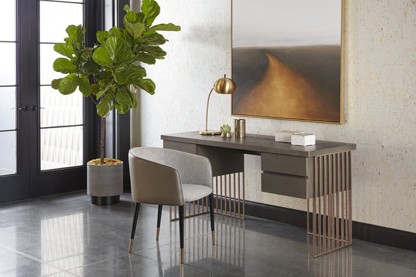 Sunpan Asher Dining Armchair - Modern Barrel Back Design with Black Steel Legs and Elegant Gold Foot Caps Flint Grey / Napa Taupe