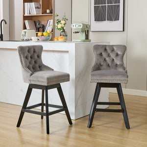 English Elm Swivel Velvet Barstool with Tufted Back, 360° Swivel, Plush Foam & Steel Spring Seat, Sturdy Wood Frame (Set of 2) Gray W1143P241330