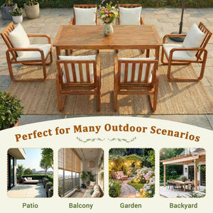 English Elm Outdoor Acacia Wood Dining Set Seats Six with Cushioned Armrest Chairs for Patio Beige,Natural Wood N719Z000200A