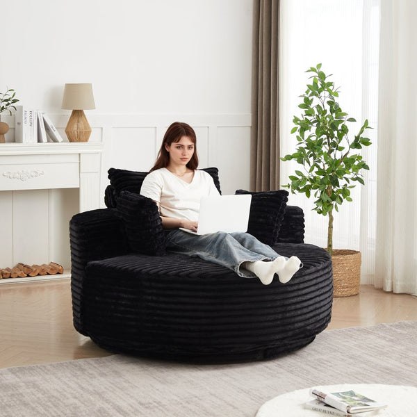 English Elm 55''l 55'l Faux Rabbit Fur Barrel Swivel Chair Cozy 360 Rotation Lounge Seat for Bedroom Black W834S00597