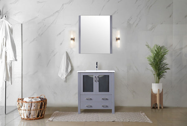 English Elm Dark Grey Bath Vanity Set With White Ceramic Top, Soft-Close Features, And Matching 28-Inch Mirror B2731S00723