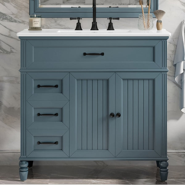 English Elm [video] 36 Inch Freestanding Bathroom Vanity Acacia Wood Legs Ceramic Sink Soft Close Blue Gray N759S340019C